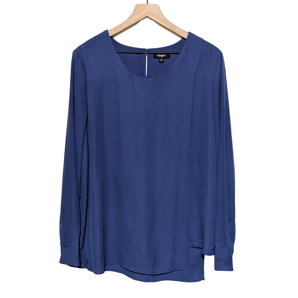 Premise Studio Womens Long Sleeve Asymmetric Blouse Size XL Blue Scoop Neck